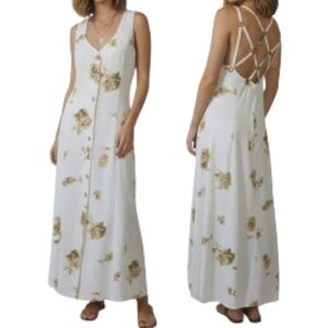 Together 10P Vintage 90s White Floral Maxi Dress Button Front Cutout Back Lacing